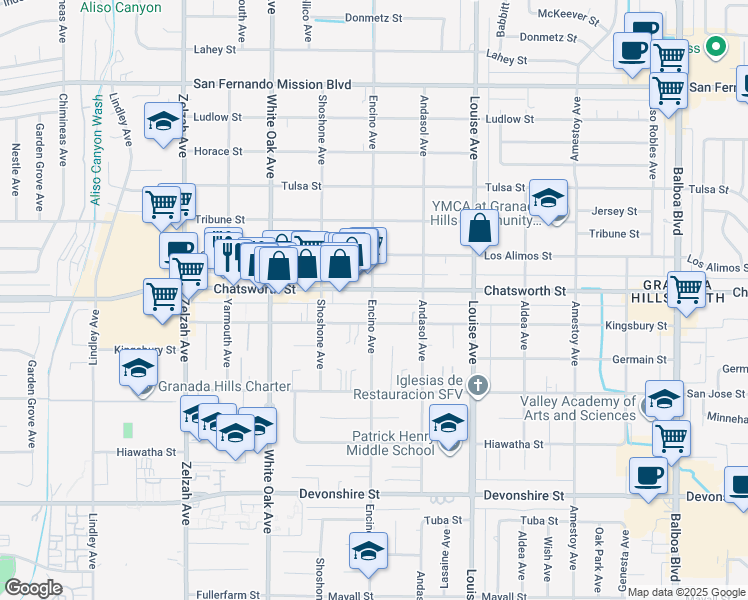 map of restaurants, bars, coffee shops, grocery stores, and more near 17436 Chatsworth Street in Los Angeles