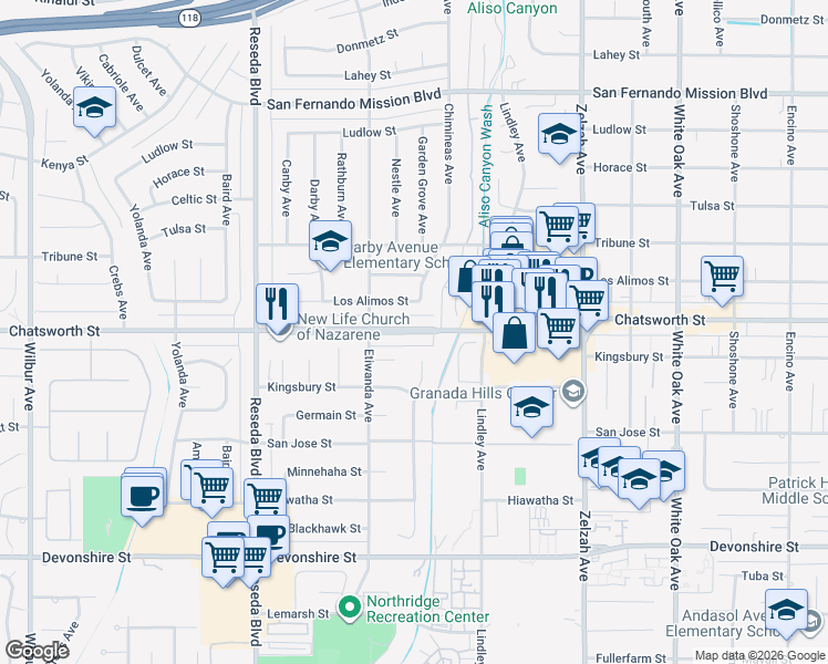 map of restaurants, bars, coffee shops, grocery stores, and more near 18216 Chatsworth Street in Los Angeles