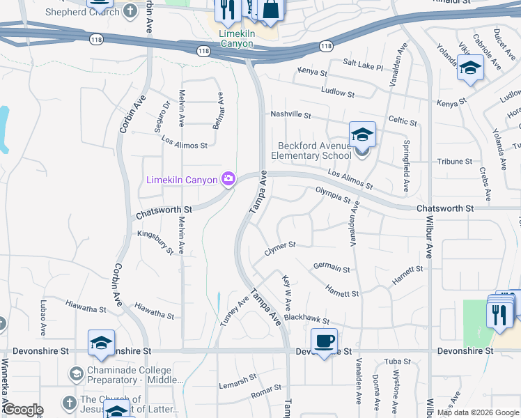 map of restaurants, bars, coffee shops, grocery stores, and more near 10717 Des Moines Avenue in Los Angeles