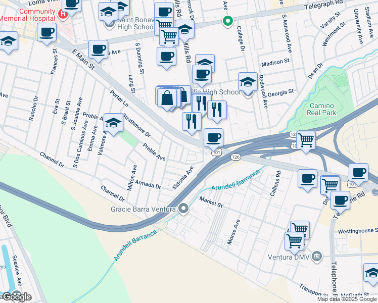 map of restaurants, bars, coffee shops, grocery stores, and more near 3440e East Main Street in Ventura