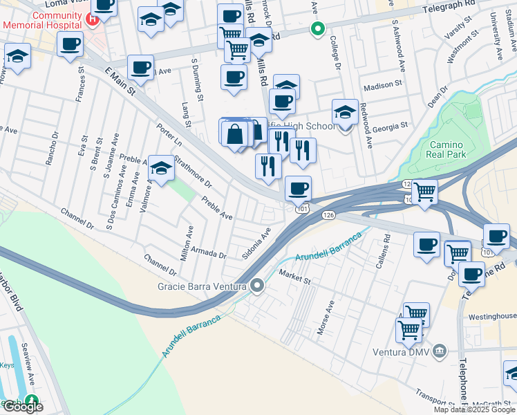 map of restaurants, bars, coffee shops, grocery stores, and more near 3440e East Main Street in Ventura