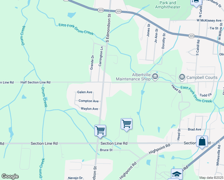 map of restaurants, bars, coffee shops, grocery stores, and more near 404 Alicia Street in Albertville
