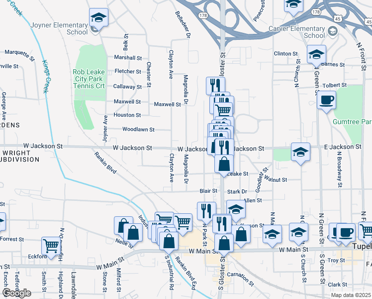 map of restaurants, bars, coffee shops, grocery stores, and more near 599 Magnolia Drive in Tupelo
