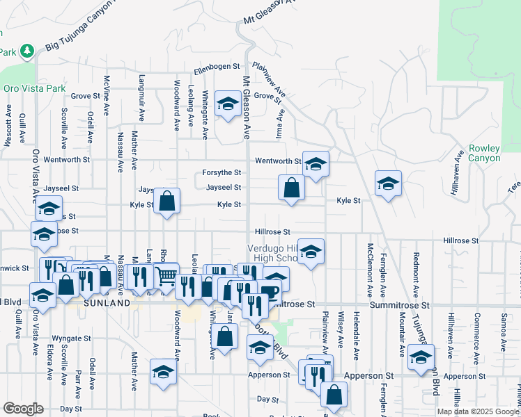 map of restaurants, bars, coffee shops, grocery stores, and more near 7750 Kyle Street in Los Angeles