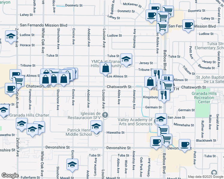 map of restaurants, bars, coffee shops, grocery stores, and more near 17230 Chatsworth Street in Los Angeles
