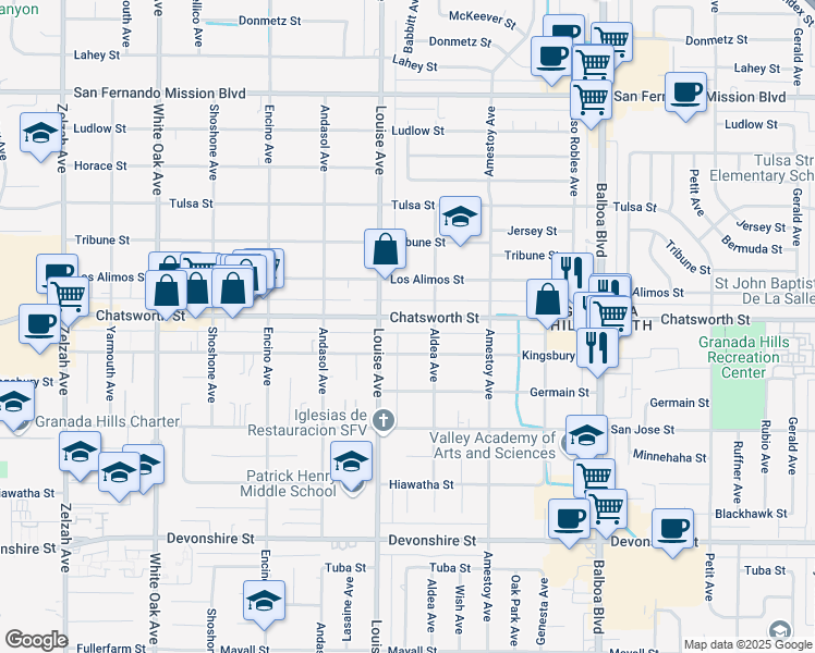 map of restaurants, bars, coffee shops, grocery stores, and more near 17230 Chatsworth Street in Los Angeles