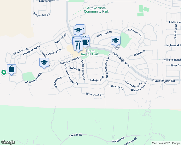 map of restaurants, bars, coffee shops, grocery stores, and more near 11925 Berrybrook Court in Moorpark