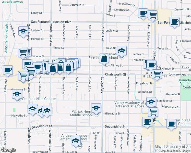 map of restaurants, bars, coffee shops, grocery stores, and more near 17330 Chatsworth Street in Los Angeles