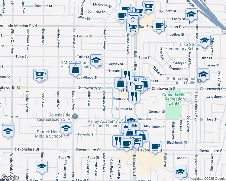map of restaurants, bars, coffee shops, grocery stores, and more near 17092 Chatsworth Street in Los Angeles