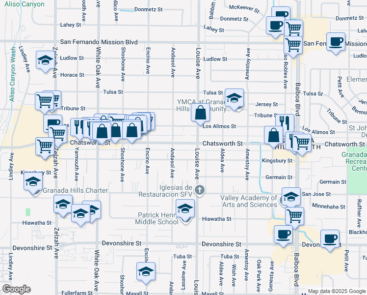 map of restaurants, bars, coffee shops, grocery stores, and more near 17330 Chatsworth Street in Los Angeles