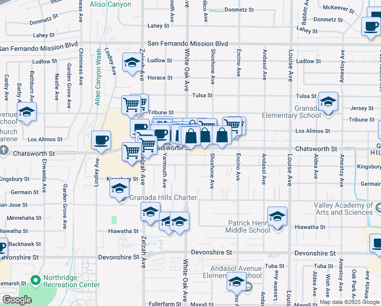 map of restaurants, bars, coffee shops, grocery stores, and more near 17656 Chatsworth Street in Los Angeles