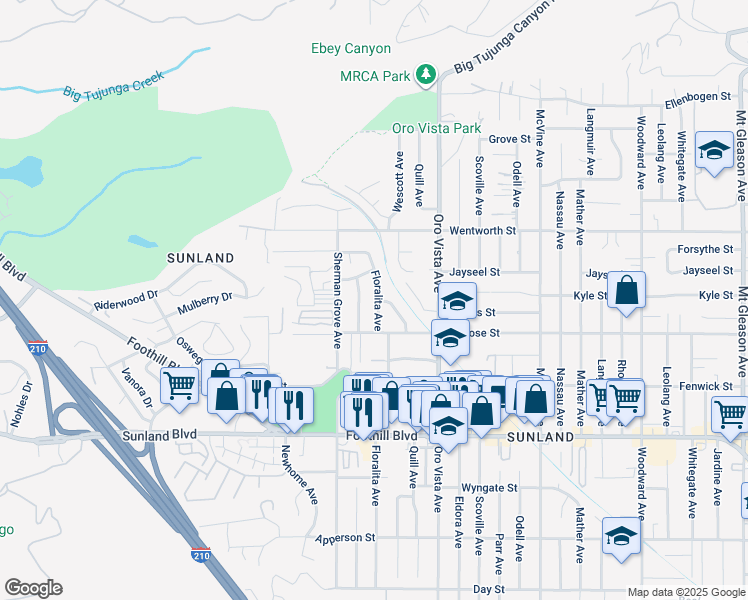 map of restaurants, bars, coffee shops, grocery stores, and more near 10739 Floralita Avenue in Los Angeles