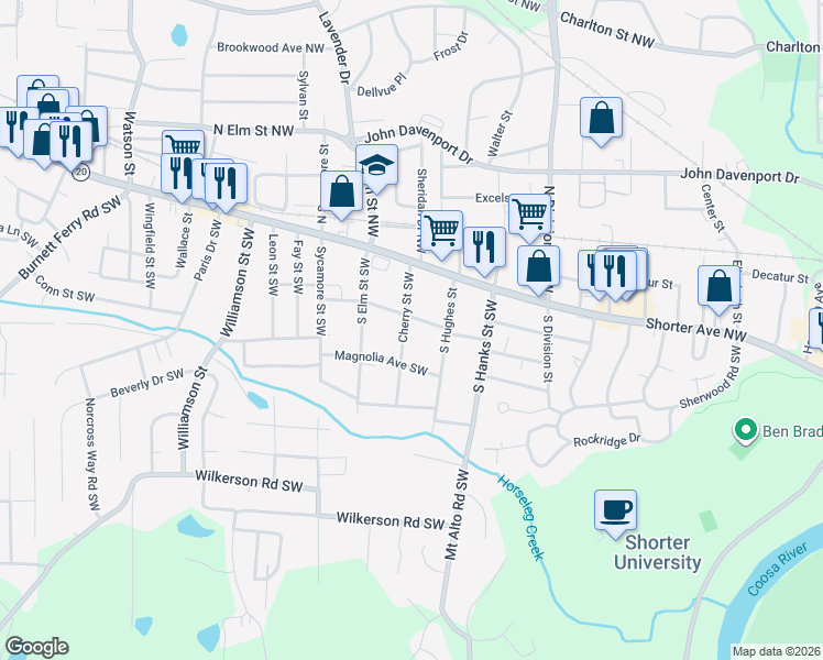 map of restaurants, bars, coffee shops, grocery stores, and more near 105 Cherry Street Southwest in Rome