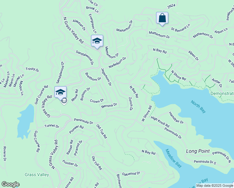 map of restaurants, bars, coffee shops, grocery stores, and more near 801 Jagerhorn Drive in Lake Arrowhead