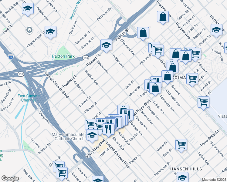 map of restaurants, bars, coffee shops, grocery stores, and more near 13700 Filmore Street in Los Angeles