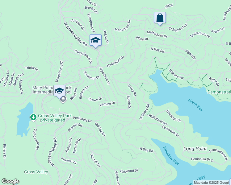map of restaurants, bars, coffee shops, grocery stores, and more near 801 Jagerhorn Drive in Lake Arrowhead
