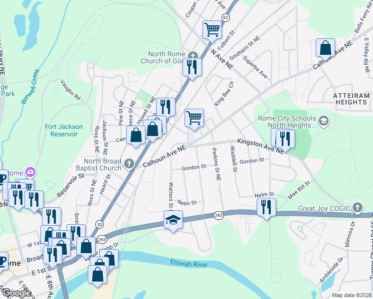 map of restaurants, bars, coffee shops, grocery stores, and more near 216 Calhoun Avenue Northeast in Rome