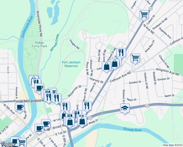 map of restaurants, bars, coffee shops, grocery stores, and more near 5B Jackson Street Northeast in Rome