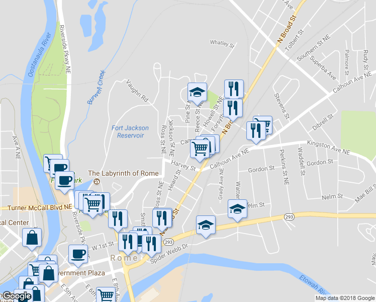 map of restaurants, bars, coffee shops, grocery stores, and more near 10 Copeland Street Northeast in Rome