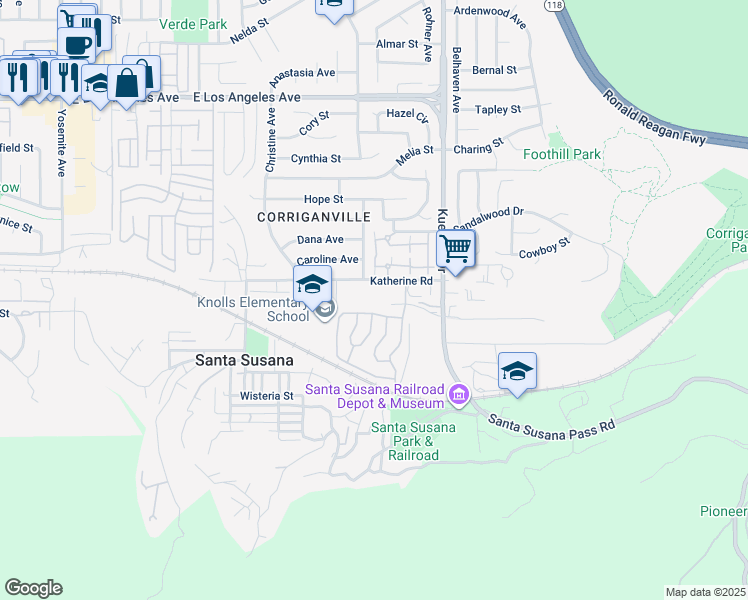 map of restaurants, bars, coffee shops, grocery stores, and more near 6408 Katherine Road in Simi Valley