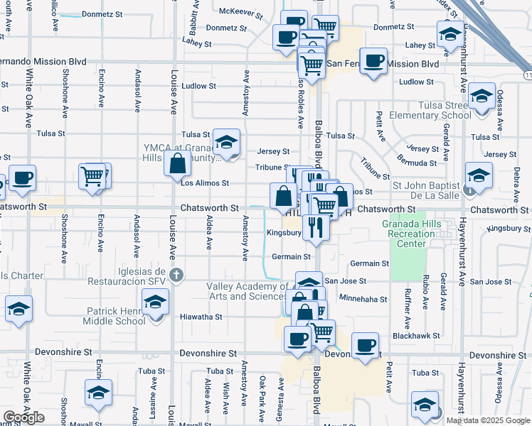 map of restaurants, bars, coffee shops, grocery stores, and more near 17112 Chatsworth Street in Los Angeles