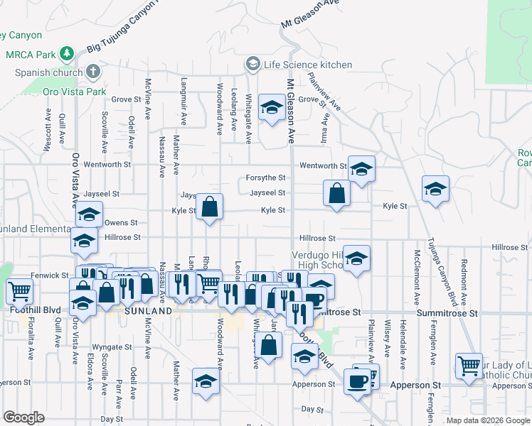 map of restaurants, bars, coffee shops, grocery stores, and more near 7846 Kyle Street in Los Angeles