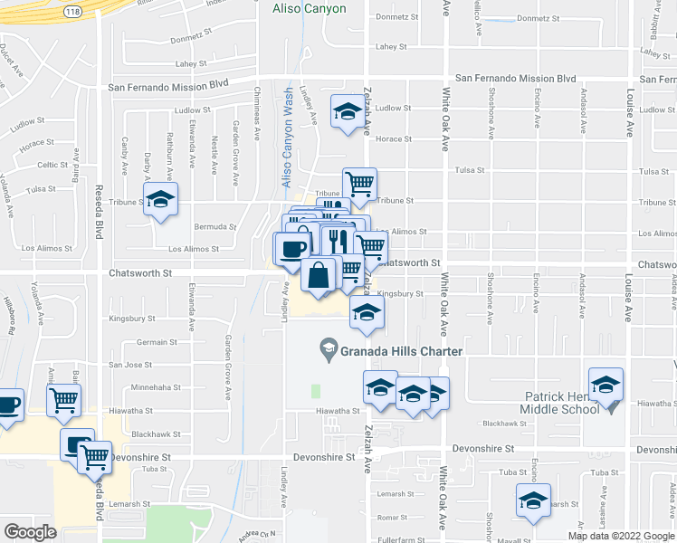 map of restaurants, bars, coffee shops, grocery stores, and more near 18080 Chatsworth Street in Los Angeles
