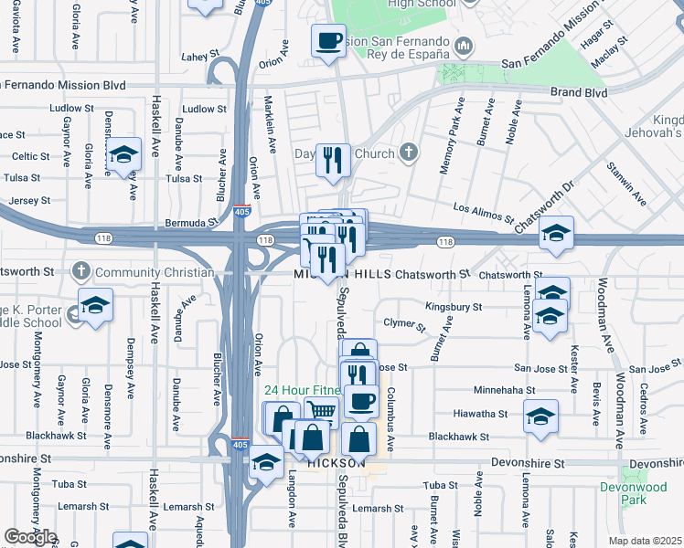 map of restaurants, bars, coffee shops, grocery stores, and more near Chatsworth Street in San Fernando