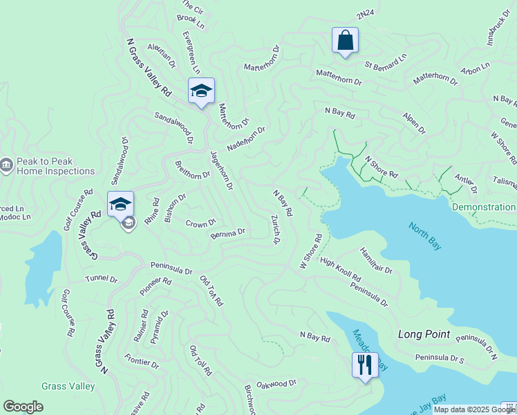 map of restaurants, bars, coffee shops, grocery stores, and more near Zurich Drive in Lake Arrowhead