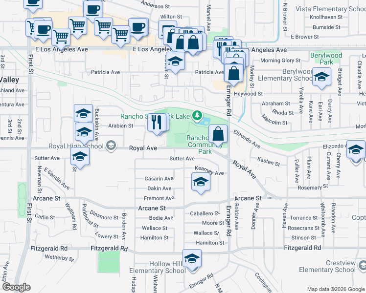 map of restaurants, bars, coffee shops, grocery stores, and more near 1711 Royal Avenue in Simi Valley