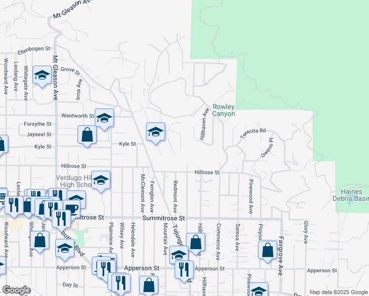 map of restaurants, bars, coffee shops, grocery stores, and more near 10768 Las Lunitas Ave in Los Angeles