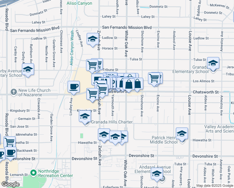 map of restaurants, bars, coffee shops, grocery stores, and more near 17734 Chatsworth Street in Los Angeles