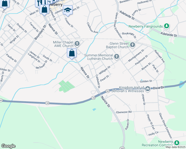 map of restaurants, bars, coffee shops, grocery stores, and more near 202 Hardeman Street in Newberry