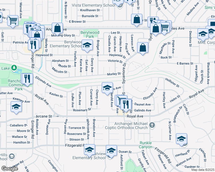 map of restaurants, bars, coffee shops, grocery stores, and more near 2411 Elizondo Avenue in Simi Valley