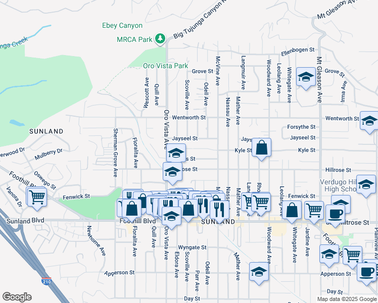 map of restaurants, bars, coffee shops, grocery stores, and more near 8308 Kyle Street in Los Angeles