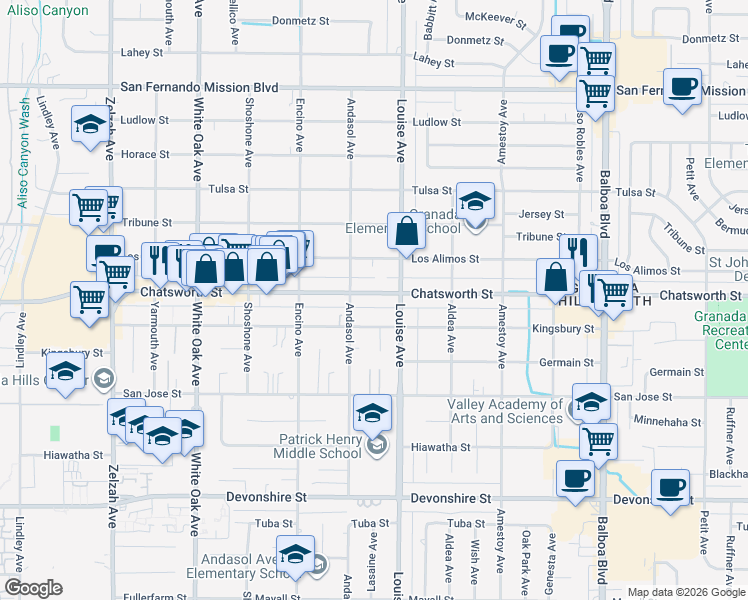 map of restaurants, bars, coffee shops, grocery stores, and more near 17326 Chatsworth Street in Los Angeles