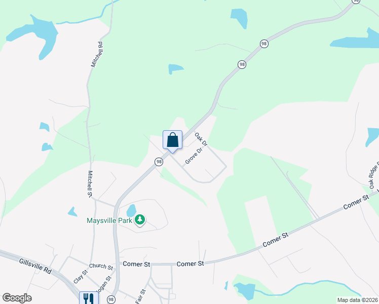 map of restaurants, bars, coffee shops, grocery stores, and more near 135 Grove Drive in Maysville