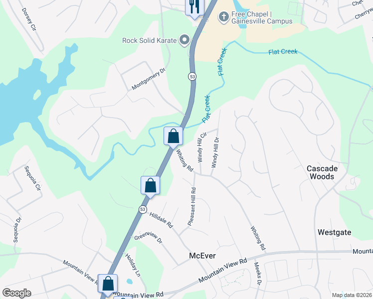 map of restaurants, bars, coffee shops, grocery stores, and more near 3533 McEver Road in Gainesville