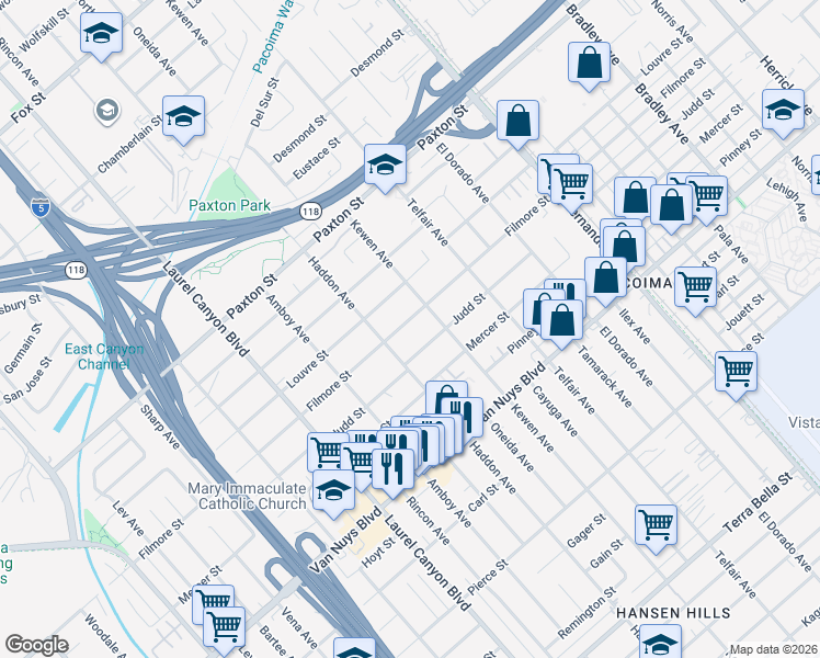 map of restaurants, bars, coffee shops, grocery stores, and more near 13700 Filmore Street in Los Angeles
