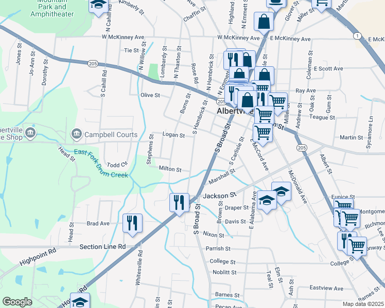 map of restaurants, bars, coffee shops, grocery stores, and more near 410 South Hambrick Street in Albertville