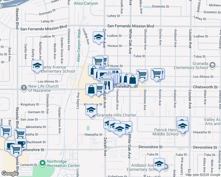 map of restaurants, bars, coffee shops, grocery stores, and more near 17824 Chatsworth Street in Los Angeles