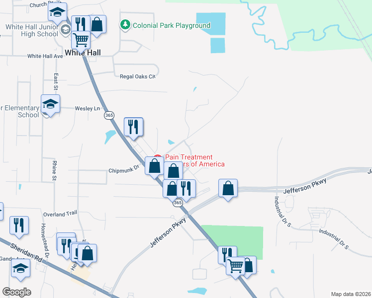 map of restaurants, bars, coffee shops, grocery stores, and more near 62 Westchester Drive in White Hall