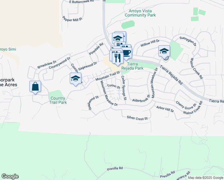 map of restaurants, bars, coffee shops, grocery stores, and more near 11825 Trapani Court in Moorpark