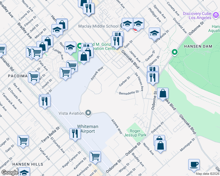 map of restaurants, bars, coffee shops, grocery stores, and more near 12670 Terra Bella Street in Los Angeles