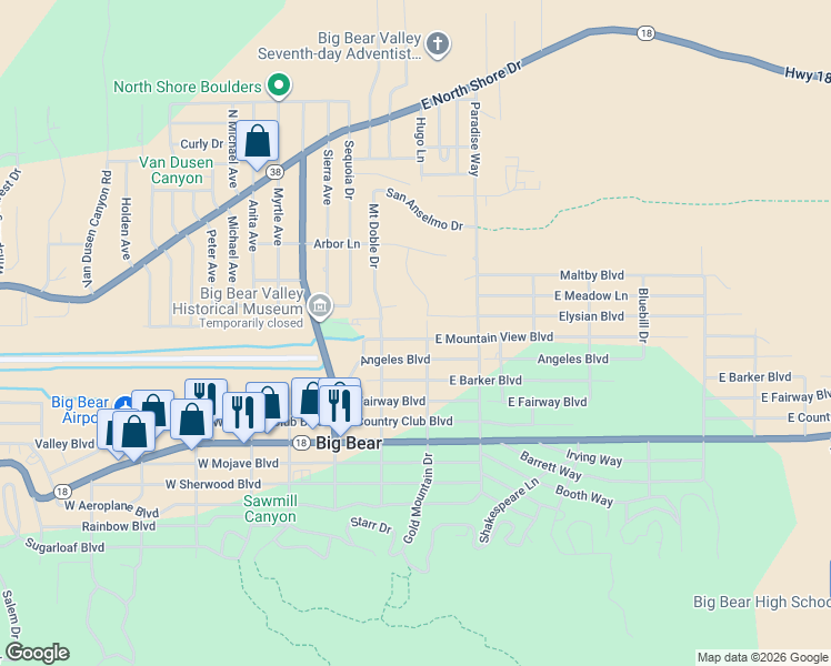 map of restaurants, bars, coffee shops, grocery stores, and more near 229 East Mountain View Boulevard in Big Bear