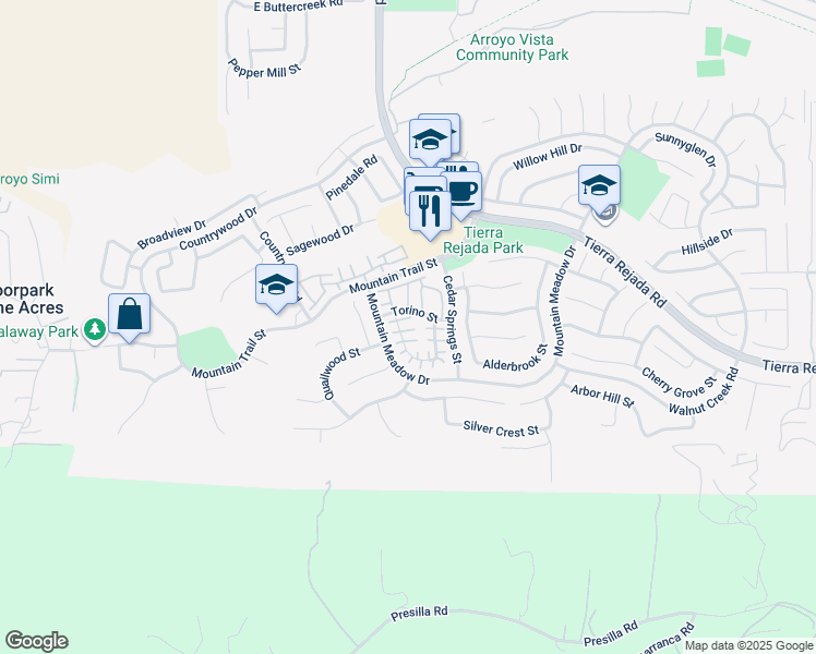 map of restaurants, bars, coffee shops, grocery stores, and more near 11825 Trapani Court in Moorpark