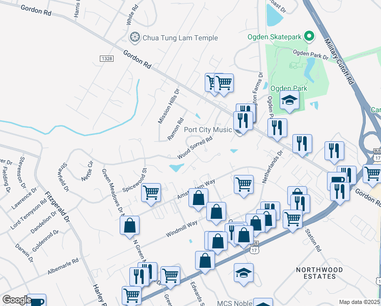 map of restaurants, bars, coffee shops, grocery stores, and more near 6726 Wood Sorrell Road in Wilmington