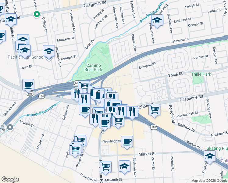 map of restaurants, bars, coffee shops, grocery stores, and more near 80 Copland Circle in Ventura