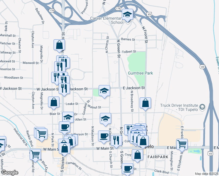 map of restaurants, bars, coffee shops, grocery stores, and more near in Tupelo