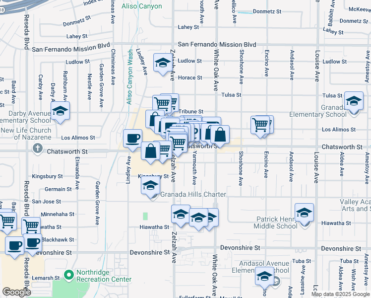 map of restaurants, bars, coffee shops, grocery stores, and more near 17824 Chatsworth Street in Los Angeles